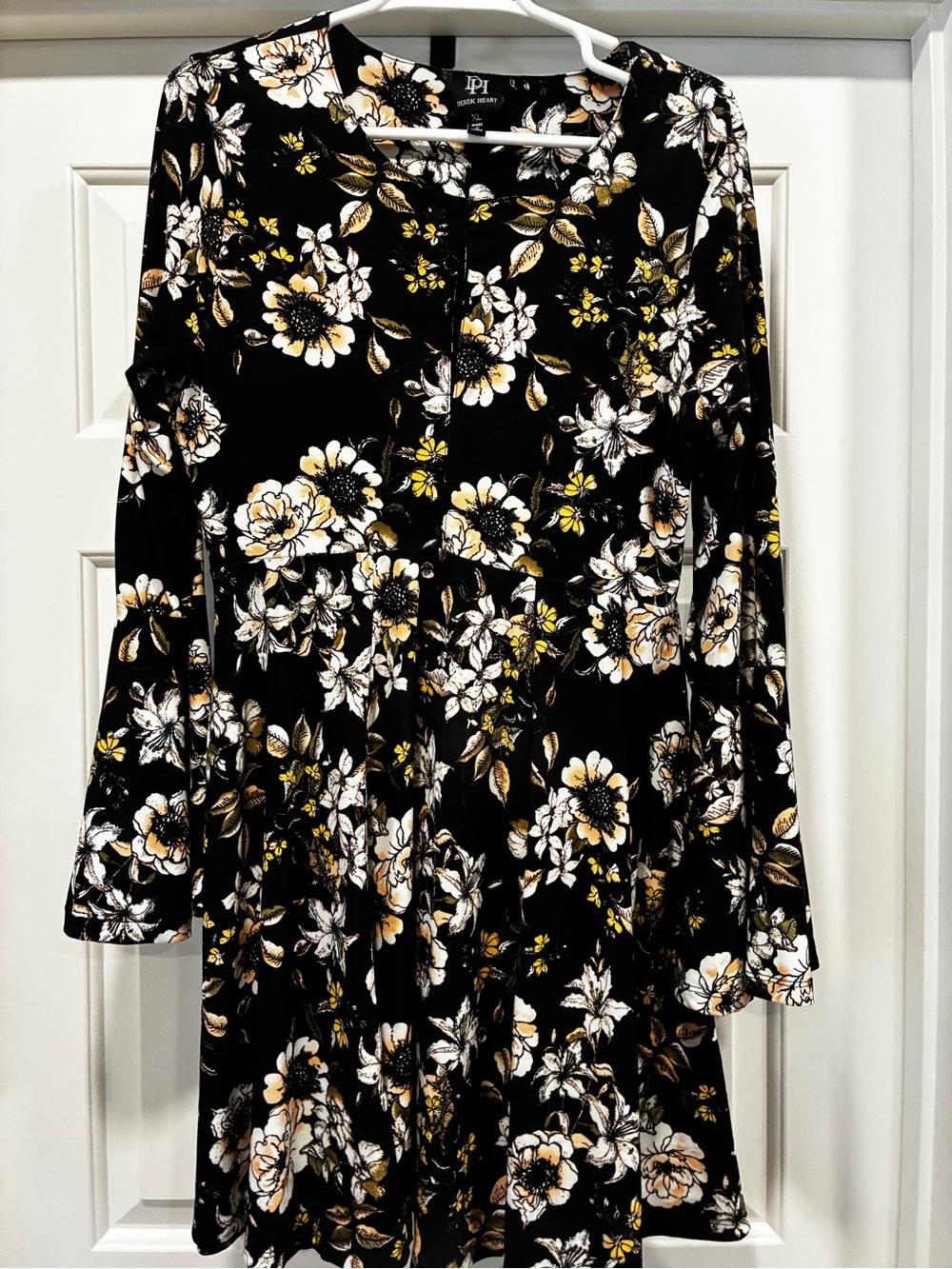 Derek Heart Black Floral Long-Sleeve Dress with Cream & Yellow Accents